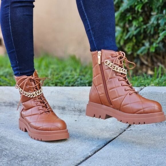 Womens Chunky Block Heel Ankle Combat Boots Brown Color - Picture 1 of 6